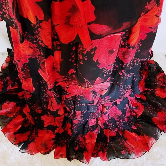 BASIX Floral Print Ruffle-Tiered A-Line Chiffon Gown
